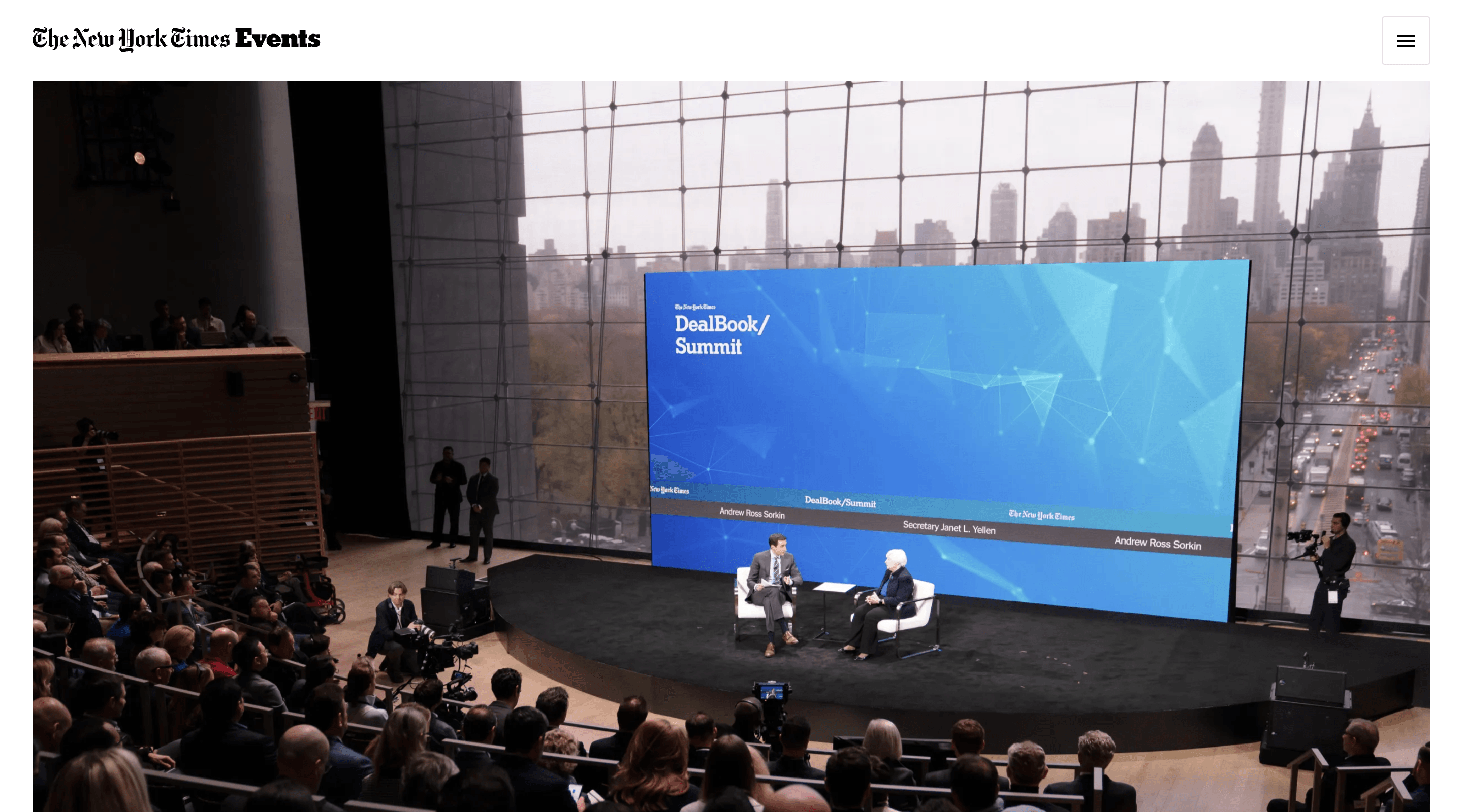 Screenshot of the hero on The New York Times Events website. It contains the logo, a site menu, and a large image for an upcoming event.