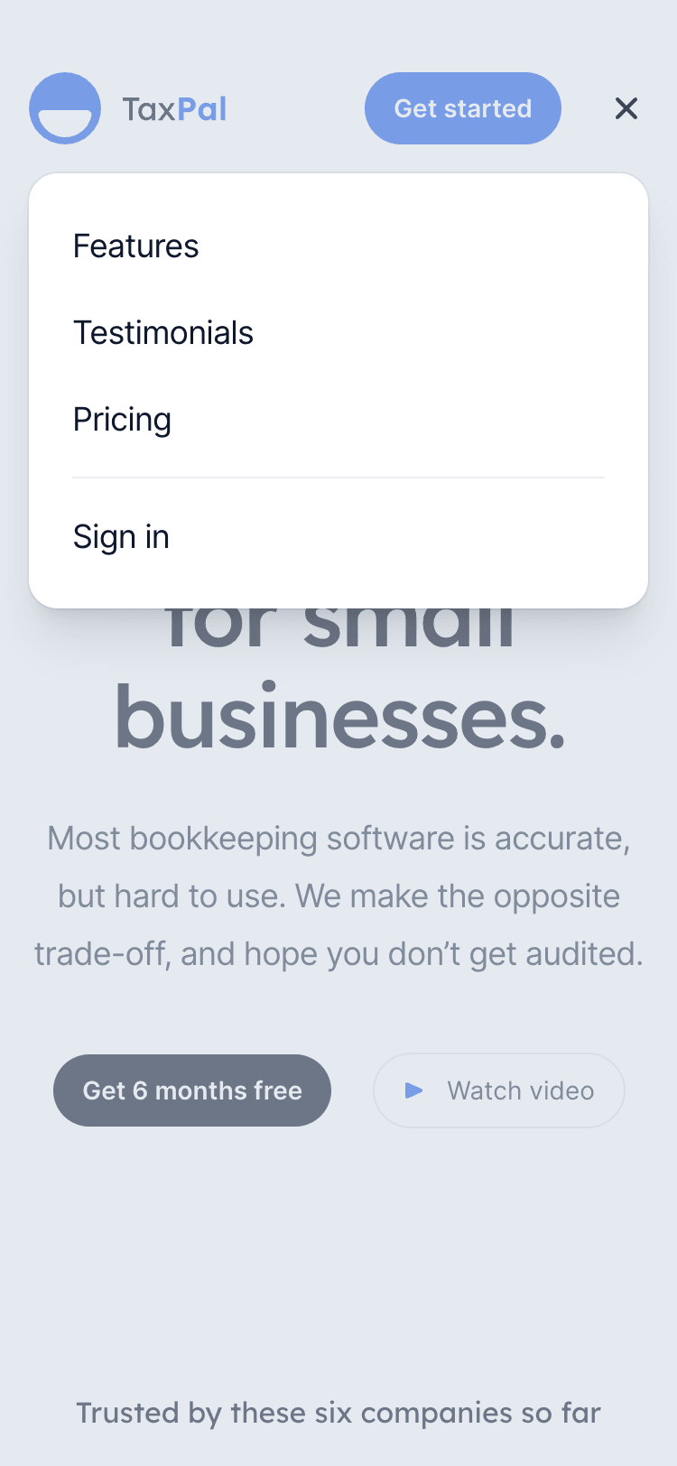 Mobile screenshot of the Salient Tailwind UI template navigation popover. The popover sits on top of the page content and contains a short list of page sections. There is a close button in the upper right corner of the screen.