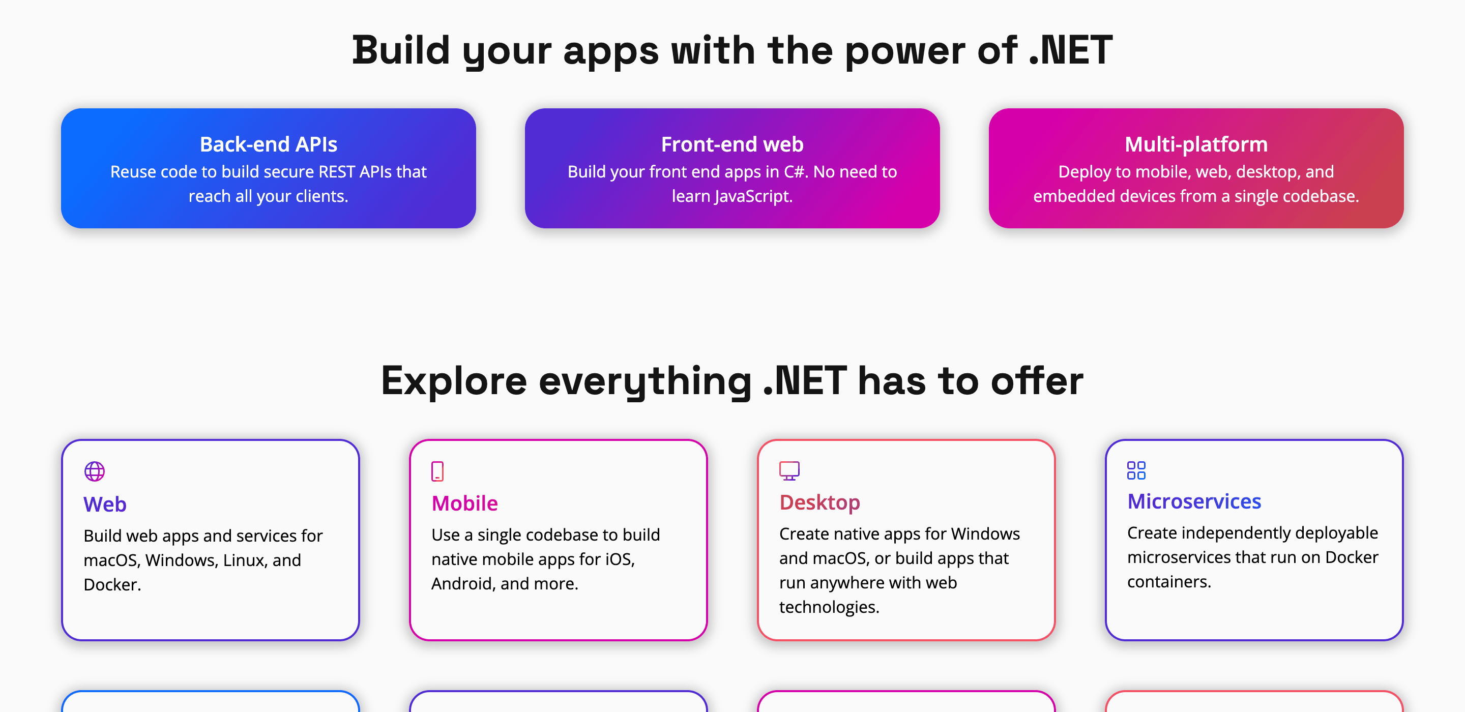 Screenshot of two sections with a headline and grid of cards below it. The first is a three-column grid, and the cards have a blue-purple-red background gradient across all three rows. The second is a four-column grid where each card has a white background with a red, purple, or pink border. Each card has a little icon above the title.