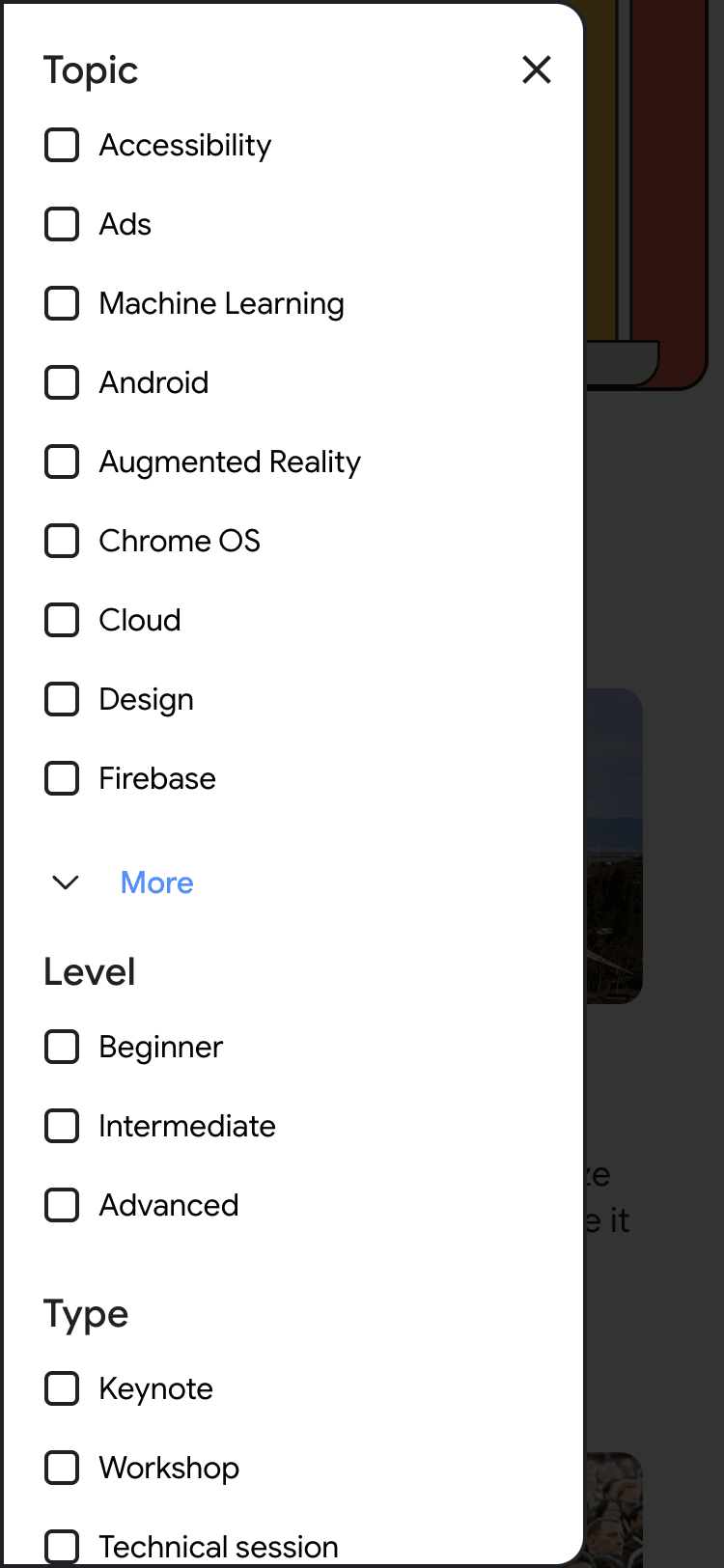 Mobile screenshot of the Google I/O 2022 program filters overlay. The overlay contains a list of filters such as 'Topic' and 'Level'. Each filter has a list of checkboxes.